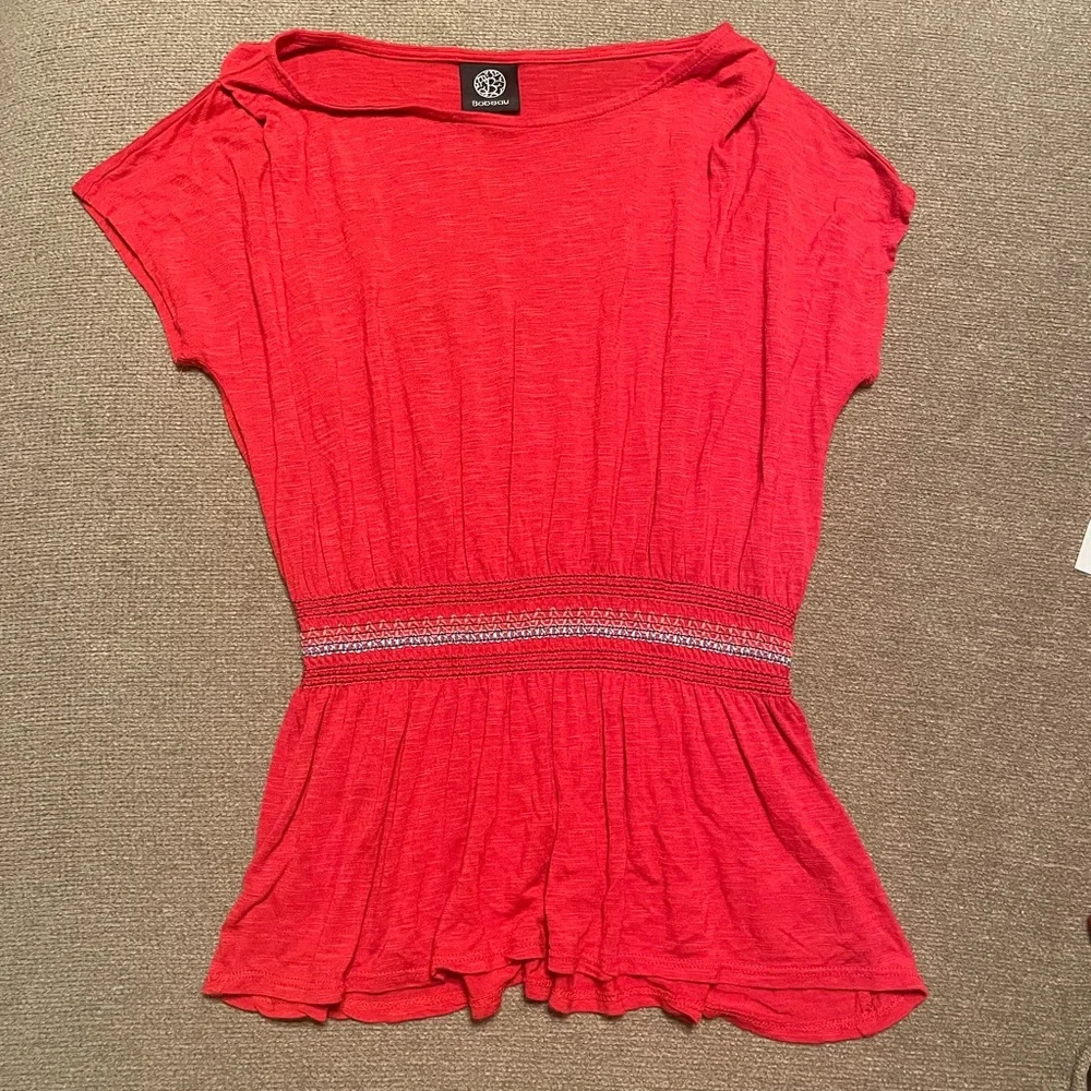 Women’s Bobeau Bright Red Short Sleeve Cinched Smocked Waist Shirt, XS